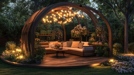 Obraz premium Romantic garden gazebo with lights at night.