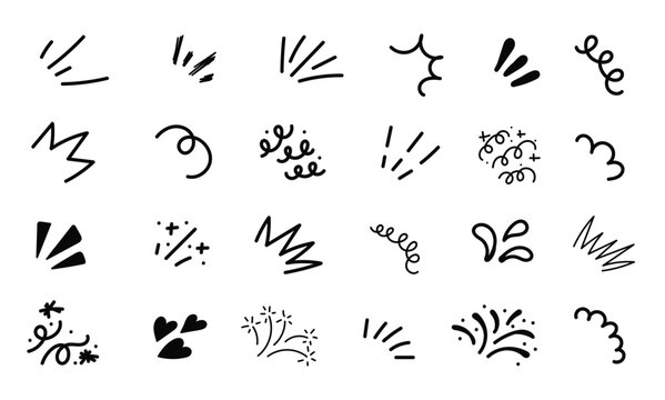 Pop shine line Doodle set. Sunburst drawing hand drawn elements. Hand drawn sparkles splash and flash burst symbol