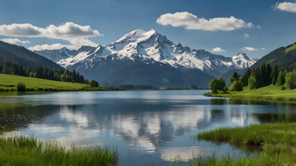 Naklejka premium Mountain in morning light reflected in calm waters of lake