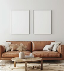 Two blank frames above a brown leather couch with white pillows in a minimalist living room
