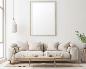 A minimalist living room interior with a large. framed artwork above a plush sofa. a coffee table. and a plant in the corner
