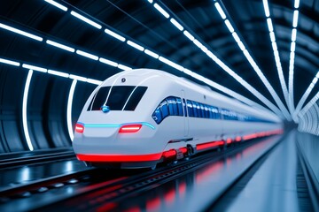 A futuristic train with white neon lights driving through a tunnel, representing the concept of a vehicle of the future. Stock image.