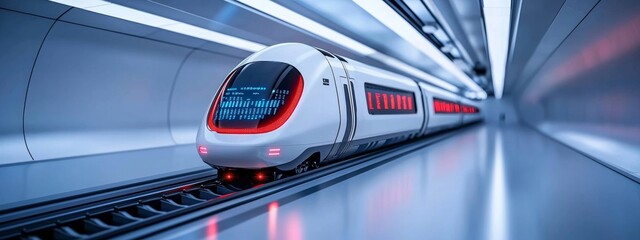 Fototapeta premium A banner with ample copy space showcasing a futuristic bullet train or hyperloop ultrasonic train capsule featuring a fully activated self-driving system, designed for rapid transportation and