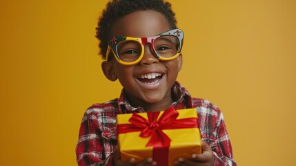 Obraz premium Tree-rrific Joy: An adorable African American boy with sparkling eyes, wearing his playful tree-shaped glasses, excitedly balancing a beautifully wrapped present in his arms.