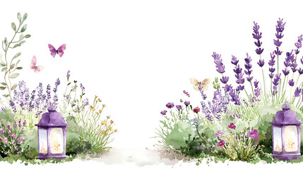 serene garden path adorned with lavender flowers and lanterns, creating peaceful atmosphere. Butterflies flutter among blooms, enhancing tranquil scene