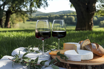 Wine glasses, cheese, and bread create a rustic outdoor dining experience
