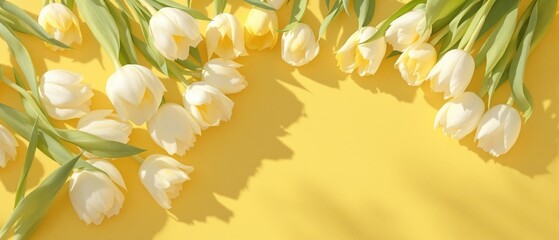 Bouquet of white and yellow tulips scattered on a yellow table, centerpiece, flora, beautiful, festive, petals