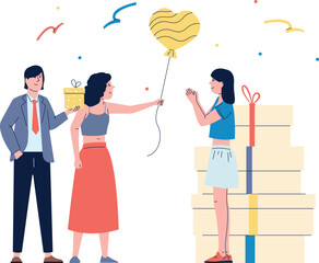 A man is giving a gift to a woman and a child