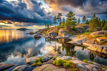Fototapeta premium Stunning View of Ladoga Skerries: Overcast Islands in Lake Ladoga, Karelia, Showcasing Serene Waters and Unique Rock Formations Amidst a Dramatic Sky