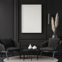 Two black leather armchairs with a round table in a dark living room with a white mockup frame on the wall