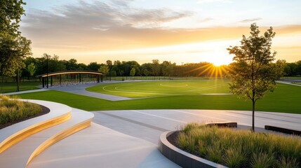 Sunrise Over Modern Public Park Sports Fields Playground Pavilion