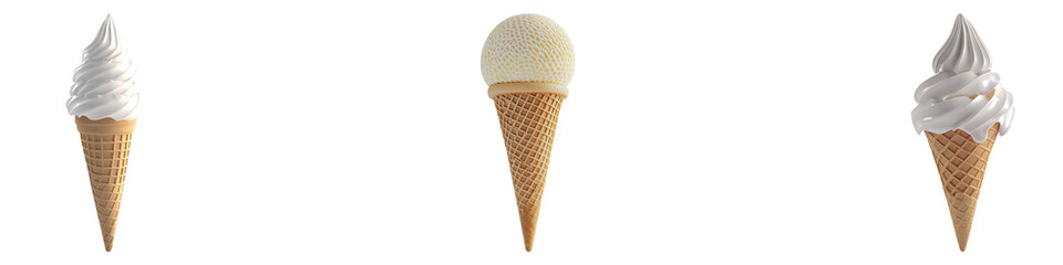 Vanilla ice cream scoop isolated on transparent background, Set of