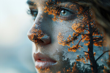 double exposure: a close-up of a woman's face with bright eyes, through which an image of a tree with orange foliage is visible, illuminated by the setting sun. 