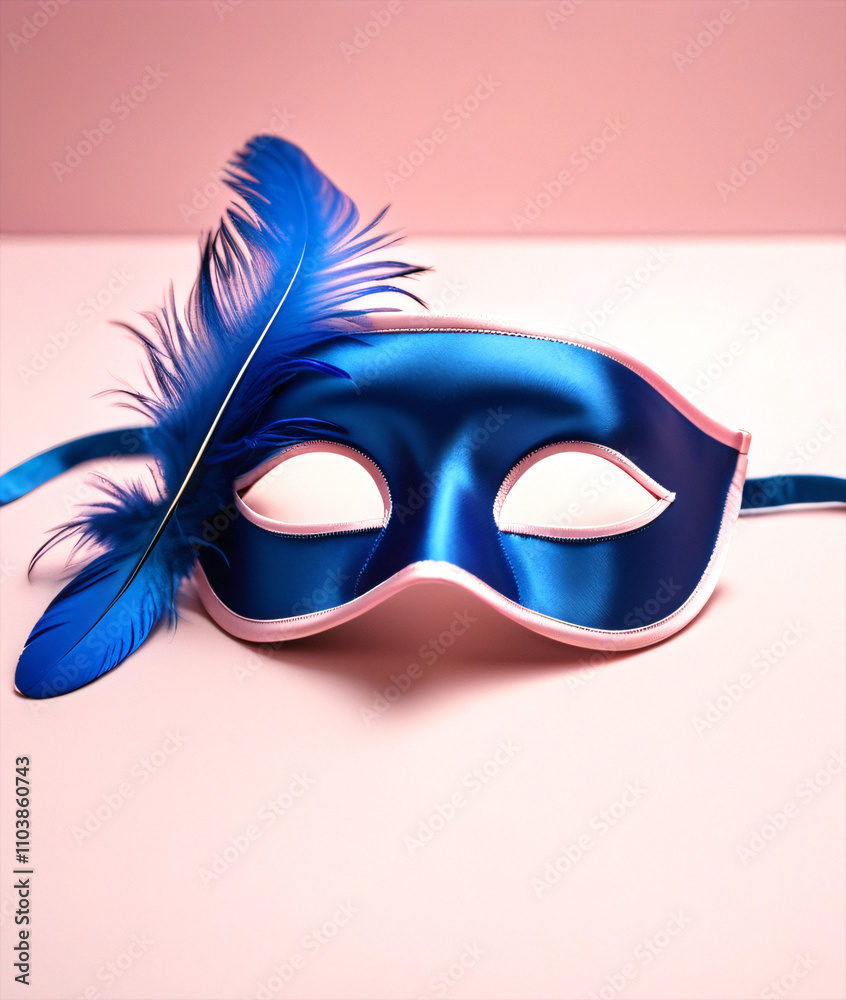 Poster soft focus photo shows a blue silk sleeping mask and feathers against a pale pink background with em