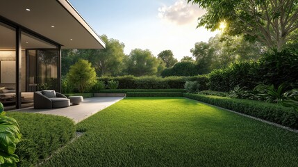 A large, lush green lawn with a house in the background