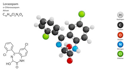 Molecule: Lorazepam. Molecular structure. Formula: C15H10Cl2N2O2. Chemical model: Ball and stick. White background. 3D illustration.