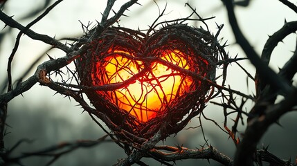 A glowing heart shape nestled in a tangled nest of branches, symbolizing love and warmth against a misty background.