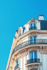 Obraz premium Elegant Parisian building, ornate balconies, blue sky.