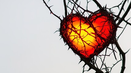 A glowing heart entwined in thorny branches, symbolizing love intertwined with pain and beauty against a soft sky backdrop.