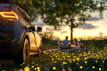 Electric Vehicle Charging at Scenic Sunset Rest Stop Family Picnic with Joyful Togetherness
