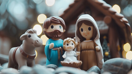 Charming nativity scene featuring cartoon-style depiction of Mary, Joseph, baby Jesus in  manger and donkey