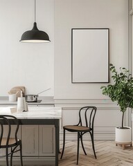 Minimalist kitchen interior with a large blank canvas on the wall. three bar stools. a marble countertop. a wooden floor. and a plant