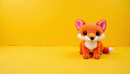 Obraz premium Adorable plush orange fox toy on a bright yellow background with copy space for text 