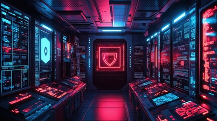 Obraz premium A neon sign with a shield on it is lit up in a room with many computer monitors