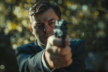 Generative AI Image of Retro Criminal Gangster Aiming Gun in Classic Detective Style Setting