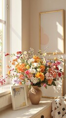 Fototapeta premium Bright natural light coming through window onto floral arrangement and framed artwork, bright colors, vibrant