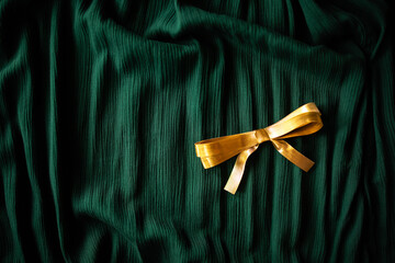 close-up of gold gift wrapping ribbon tied into a bow against a dark green fabric background with...