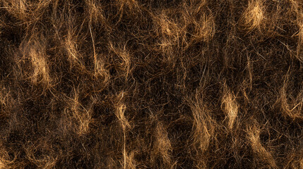 Fototapeta premium Close-up texture of light brown animal fur or hair. Intricate strands create a dense, interwoven pattern against a dark background. Ideal for backgrounds or textures.