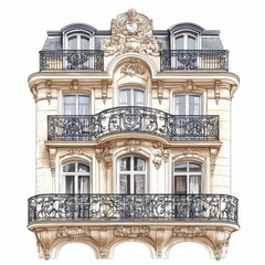 Fototapeta premium Elegant Parisian building facade, ornate balconies.