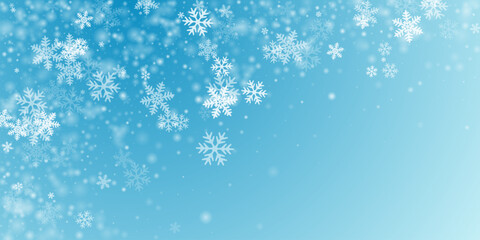 Random falling snowflakes backdrop. Winter fleck freeze granules. Snowfall weather white teal blue composition. Filigree snowflakes christmas vector. Snow nature scenery.