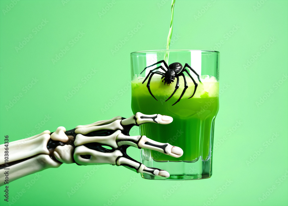 Poster skeleton hands hold a glass with green swamp punch and a floating spider on a light green background