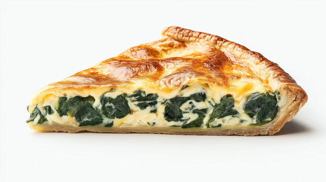 Slice of spinach and cheese quiche with golden brown crust on white background - Powered by Adobe