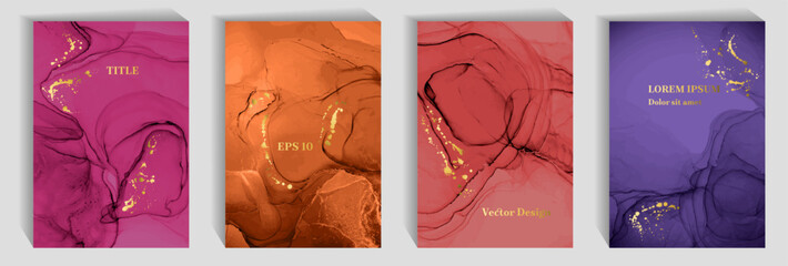 Abstract corporate business card backdrops vector bundle. Marble stone waves texture, golden spatter. Colorful birthday greeting card patters, flyers collection. Decorative paper prints.