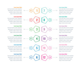 infographic template for magazine, annual report. infographic template for education, science, business. colorful pentagons infographic template. twelve steps information template