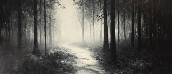 Fototapeta premium Mystical Forest Path Shrouded in Shifting Shadows and Otherworldly Stillness A liminal and enchanting scene where the forest seems to hold a captivating and mysterious presence