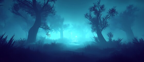 Obraz premium Eerie and mystical forest clearing with an atmosphere of glowing mist and distorted shadowy trees casting an ominous supernatural presence