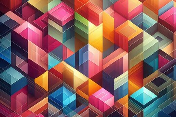 Abstract geometric mosaic with layered squares and vibrant colors, blending warm hues, creating a dynamic, symmetrical pattern with depth and light accents