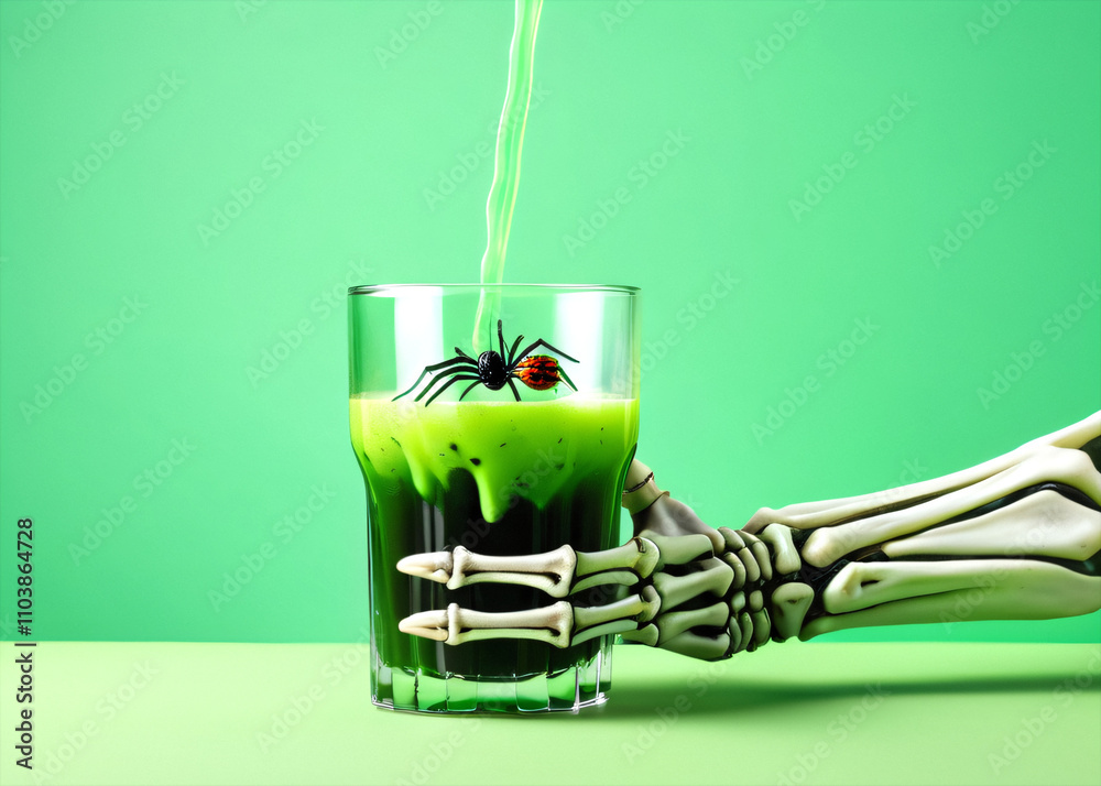Poster skeleton hands hold a glass with green swamp punch and a floating spider on a light green background