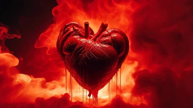 Vibrant heart surrounded by red smoke represents passion and emotion during an intense moment
