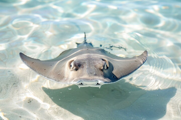 Fototapeta premium Close-up of a stingray swimming underwater over sandy seabed in crystal-clear turquoise water.