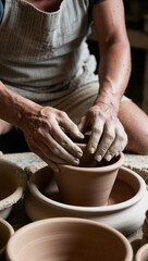 An intimate portrait of a potters hands shaping clay the earthy tones of the pottery contrasting with their delicate skillful movements