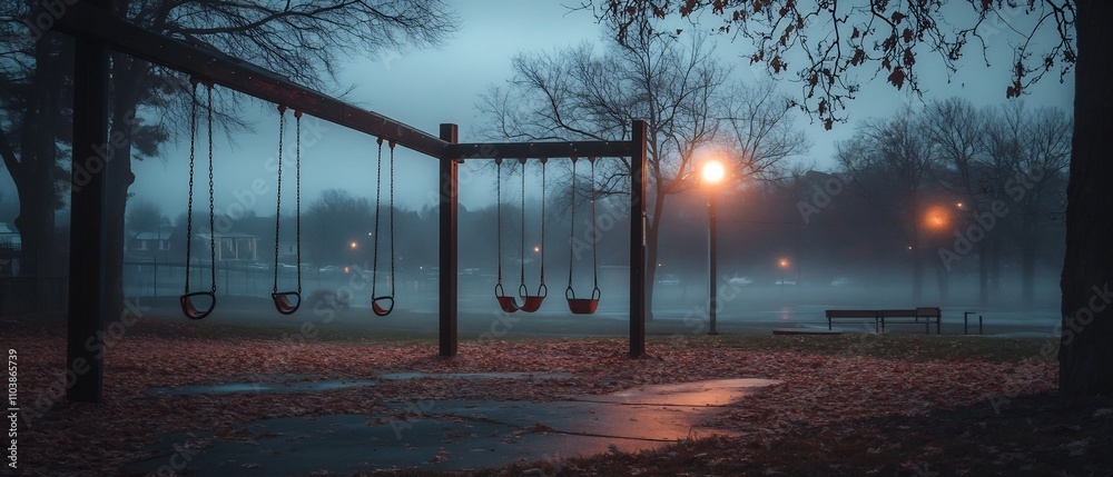 Poster eerie and mysterious playground at dusk with faint swings moving gently in the still quiet air haunt