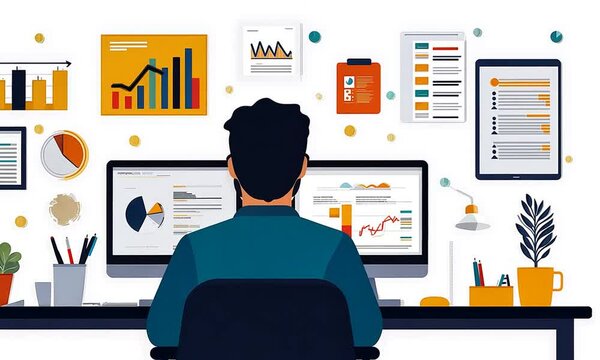 Data Analyst Working at Desk Surrounded by Charts and Documents