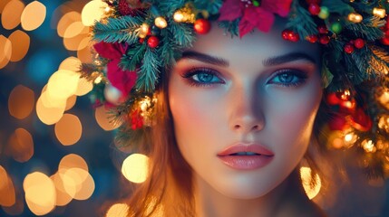 Charming Xmas Portrait: A close-up shot of a woman with enchanting makeup and a colorful wreath hairstyle, set against a backdrop of twinkling holiday lights.