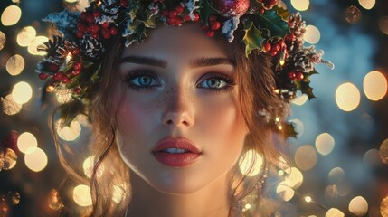 Charming Xmas Portrait: A close-up shot of a woman with enchanting makeup and a colorful wreath hairstyle, set against a backdrop of twinkling holiday lights.