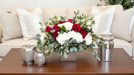 A beautiful arrangement of white roses and red berries is displayed in a sleek silver vase atop a dark coffee table in a chic living room, complemented by plush cushions.